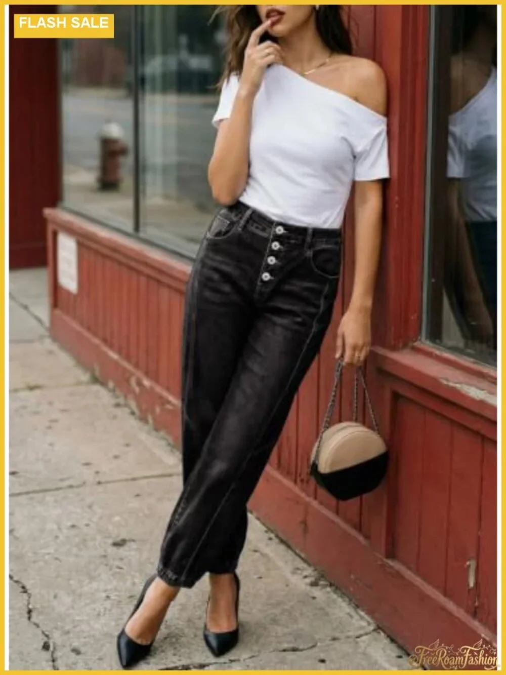 Baggy Wide Leg Denim Jeans High Rise Button Front Pockets